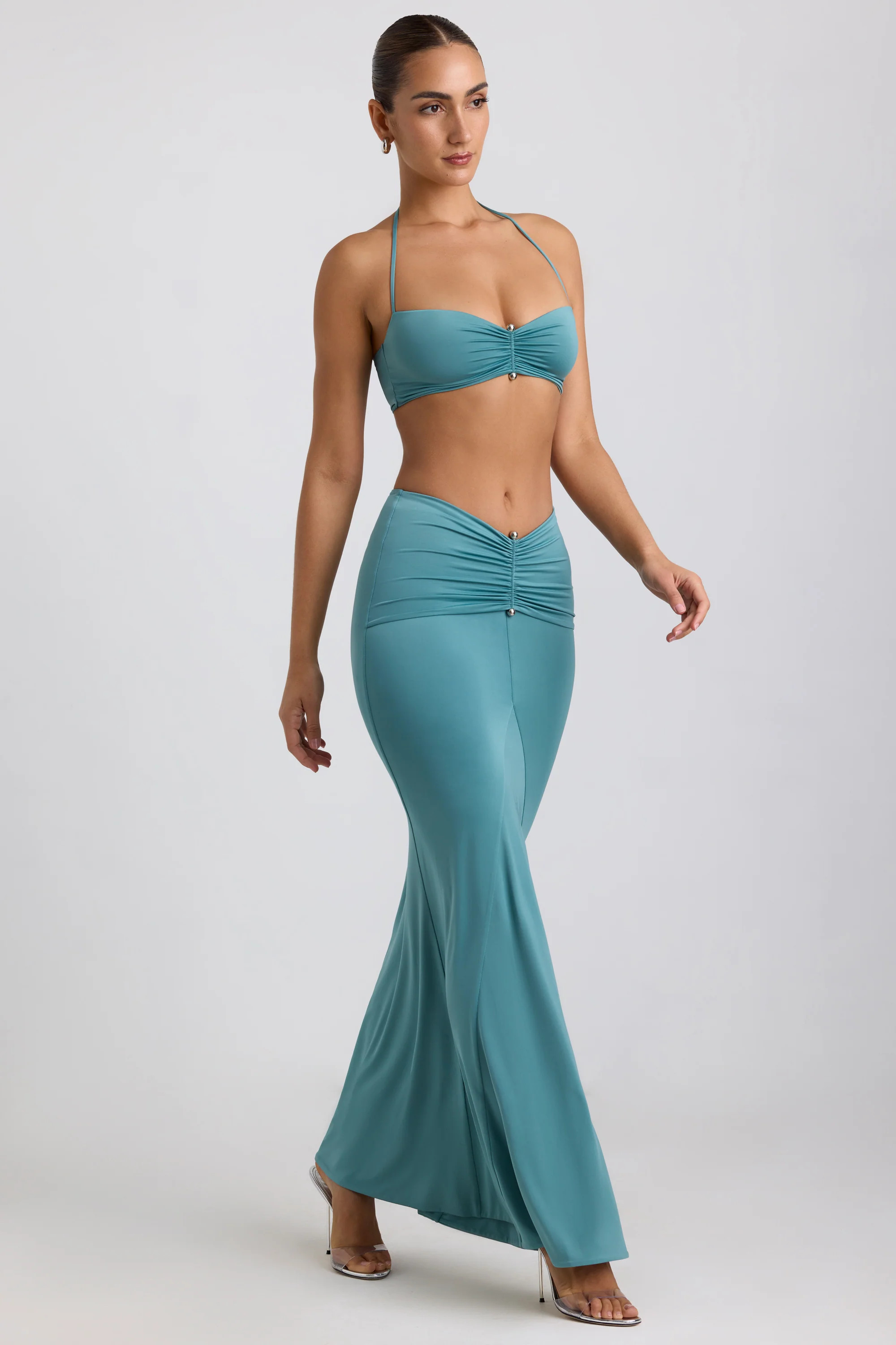 Slinky Jersey Hardware Detail Maxi Skirt in Sea Green | Oh Polly