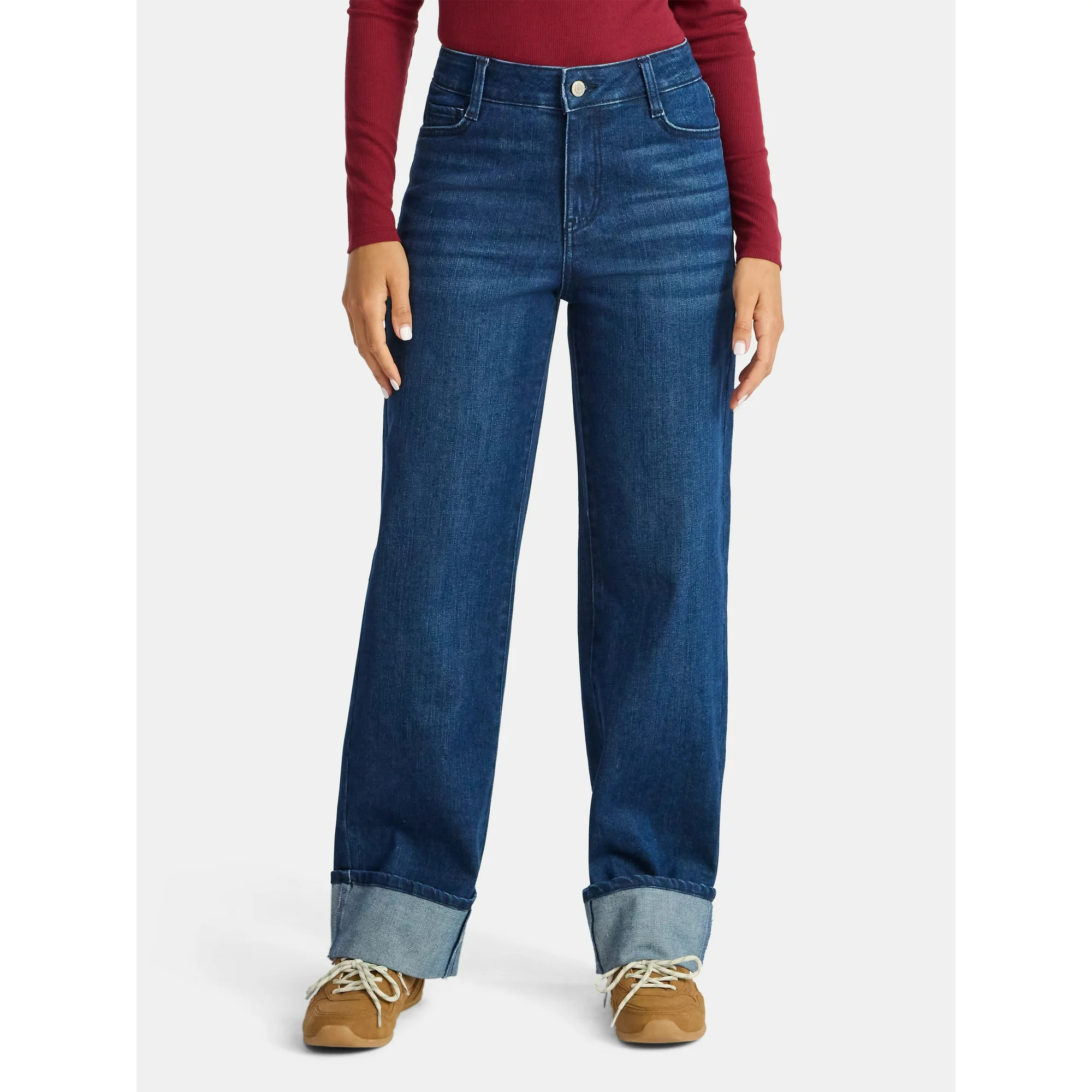 Time and Tru Women's High Rise Straight Jeans with Cuffs, 29" Inseam, Sizes 0-20 - Walmart.com | Walmart (US)