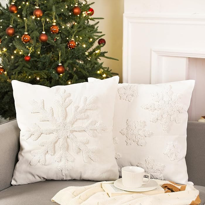 2 Pcs Snowflake Pillow Covers 18x18 Inch Christmas Winter Pillow Covers 3D Tufted White Snowflake... | Amazon (US)