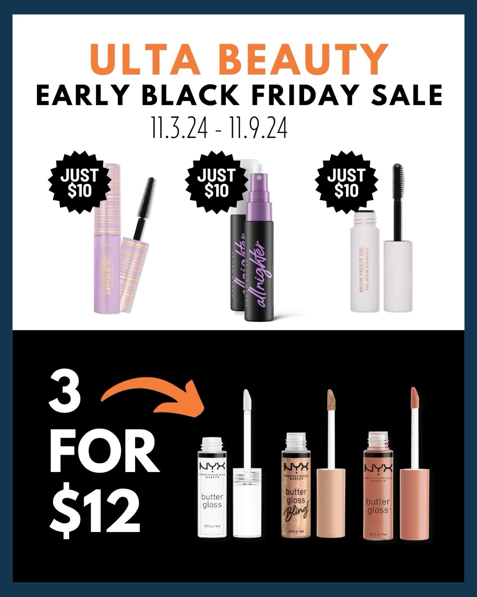 Every week from October 27th to November 23rd, @UltaBeauty will be dropping new deals up to 40% off on makeup, skincare, hair, fragrance, and more! Starting 11/3/24 thru 11/9/24 you can score THREE NYX Butter Gloss for just $12 and $10 minis from popular brands like Tarte & Urban Decay! 🤩

Plus, Ulta Beauty currently has a $3.50 OFF $15 coupon right now, valid in-store and online so don’t let these beauty steals pass you by!

#LTKBeauty #LTKSaleAlert #LTKGiftGuide