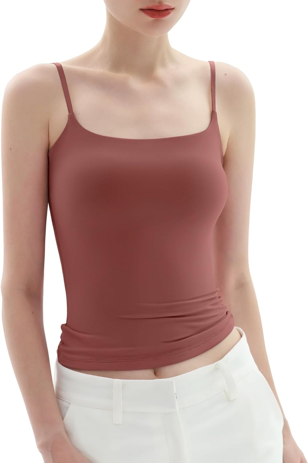 PUMIEY Women's Square Neck Tank Top Adjustable Spaghetti Straps Sleeveless Basic Tops Sharp Collection | Amazon (US)