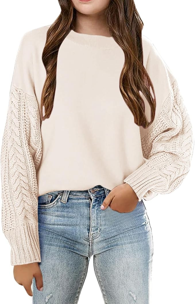 Haloumoning Girl's Crew Neck Sweaters Kids Long Sleeve Drop Shoulder Pullover Cable Knit Chunky C... | Amazon (US)