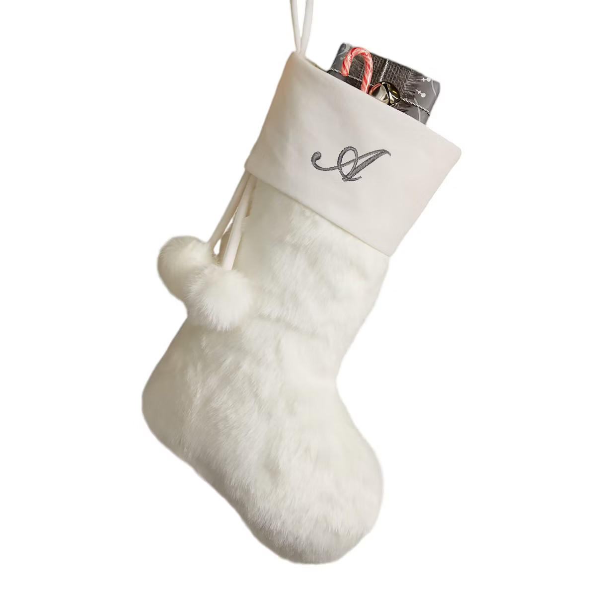 Personalization Mall Embroidered Initial Faux Fur Christmas Stocking, Ivory | Target