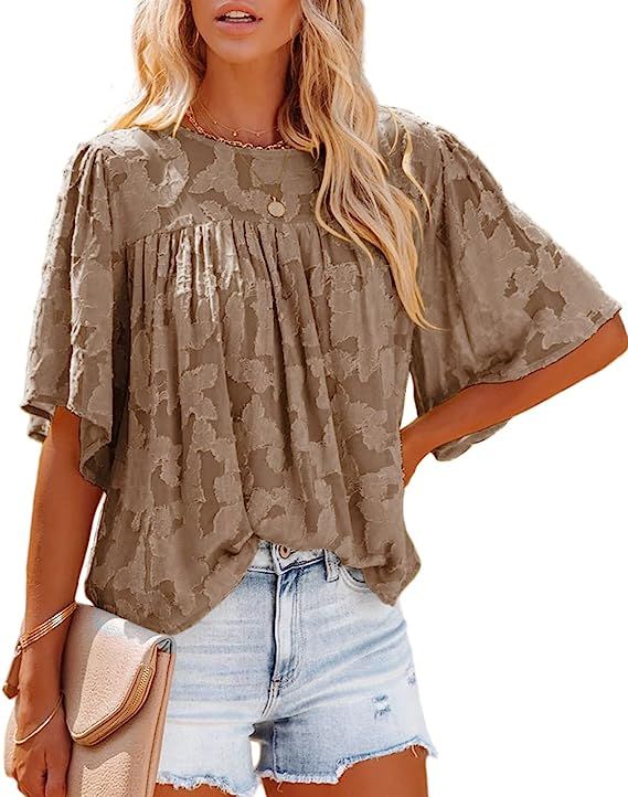 Dokotoo Womens 3/4 Bell Sleeve Blouse Summer Crewneck Lace Tops Floral Textured Babydoll Shirts | Amazon (US)