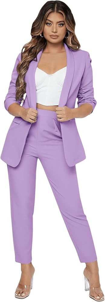 SweatyRocks Women's 2 Piece Solid Ruched Sleeve Blazer and Pants Business Office Suit Set | Amazon (US)