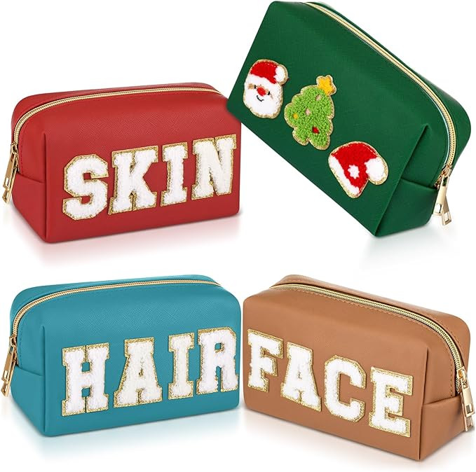 Sanwuta 4 Pcs Chenille Bag Preppy Patch Makeup Bag Cosmetic Bag Chenille Letters Toiletry Bag PU ... | Amazon (US)
