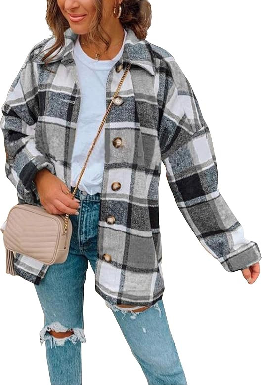 Hixiaohe Women's Casual Wool Blend Plaid Shirt Jacket Loose Button Down Shacket Coat | Amazon (US)