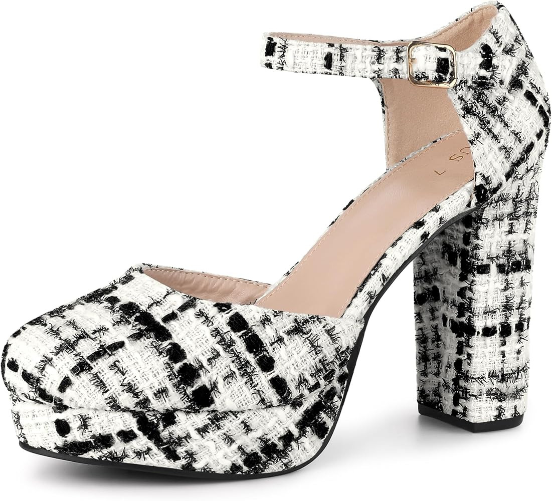 Allegra K Women's Round Toe Platform Tweed Chunky Heels Pumps | Amazon (US)