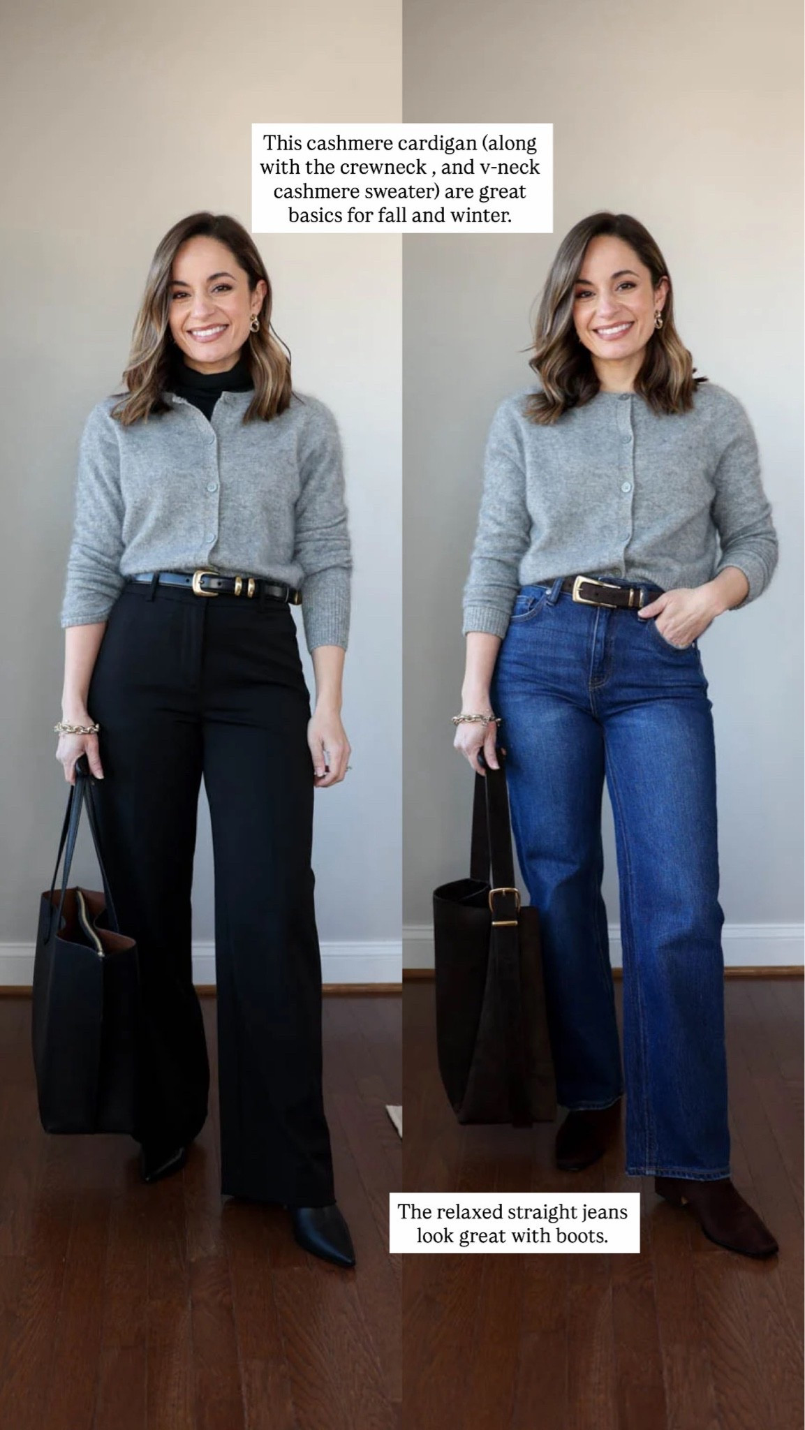 If you’re looking for more capsule pieces you can wear to work and casually too here are a few more pieces from Quince I love. 

Cardigan: xs (link shows it in green, tap through for gray)
Jeans: 24 short - 10.5” rise (a little lower in smaller sizes), 28” inseam in short (26” in extra short). 
Pants (Ann Taylor): petite 00 - 10” rise, 28.5” inseam) I wear curvy

#LTKPetite