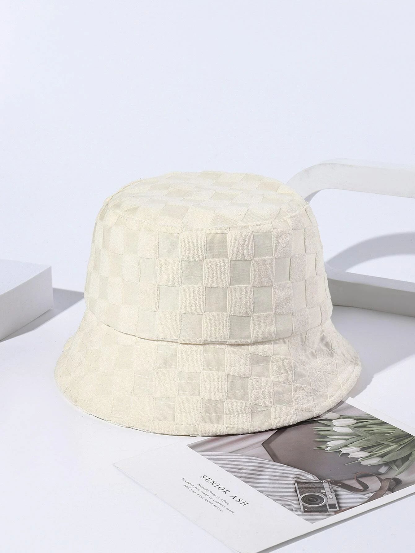 1pc Women Beige Checkered Pattern Fabric Casual Bucket Hat For Outdoor Travel, Daily Use | SHEIN