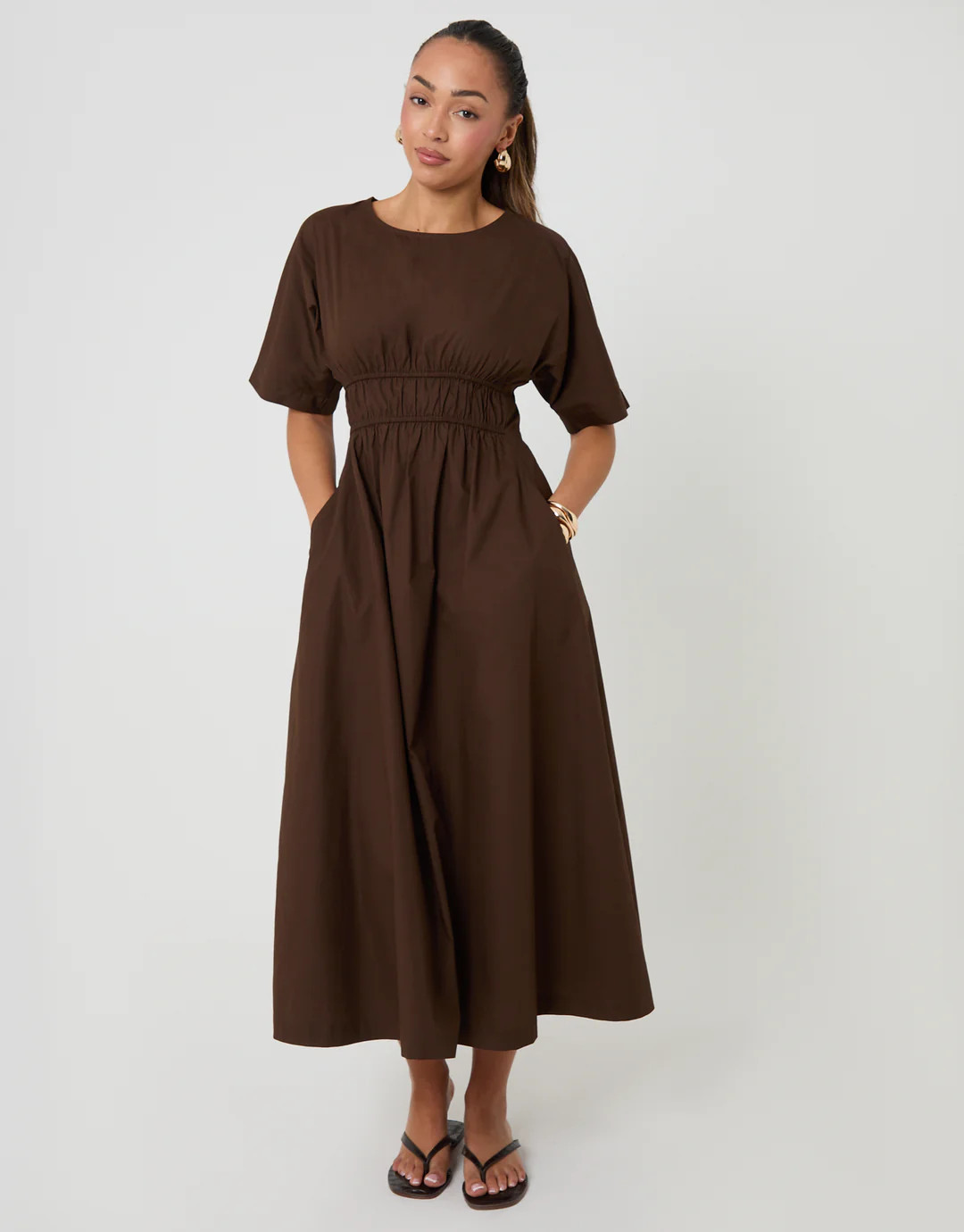 Chocolate Brown Elasticated Waist Cotton Poplin Midi Dress | Threadbare UK