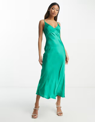 ASOS DESIGN high apex midi slip dress in hammered satin in green | ASOS (Global)
