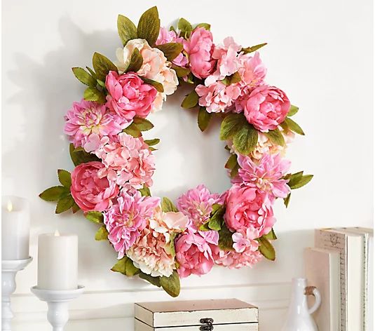 Wicker Park 24" Faux Hydrangea Dahlia & Peony Wreath | QVC