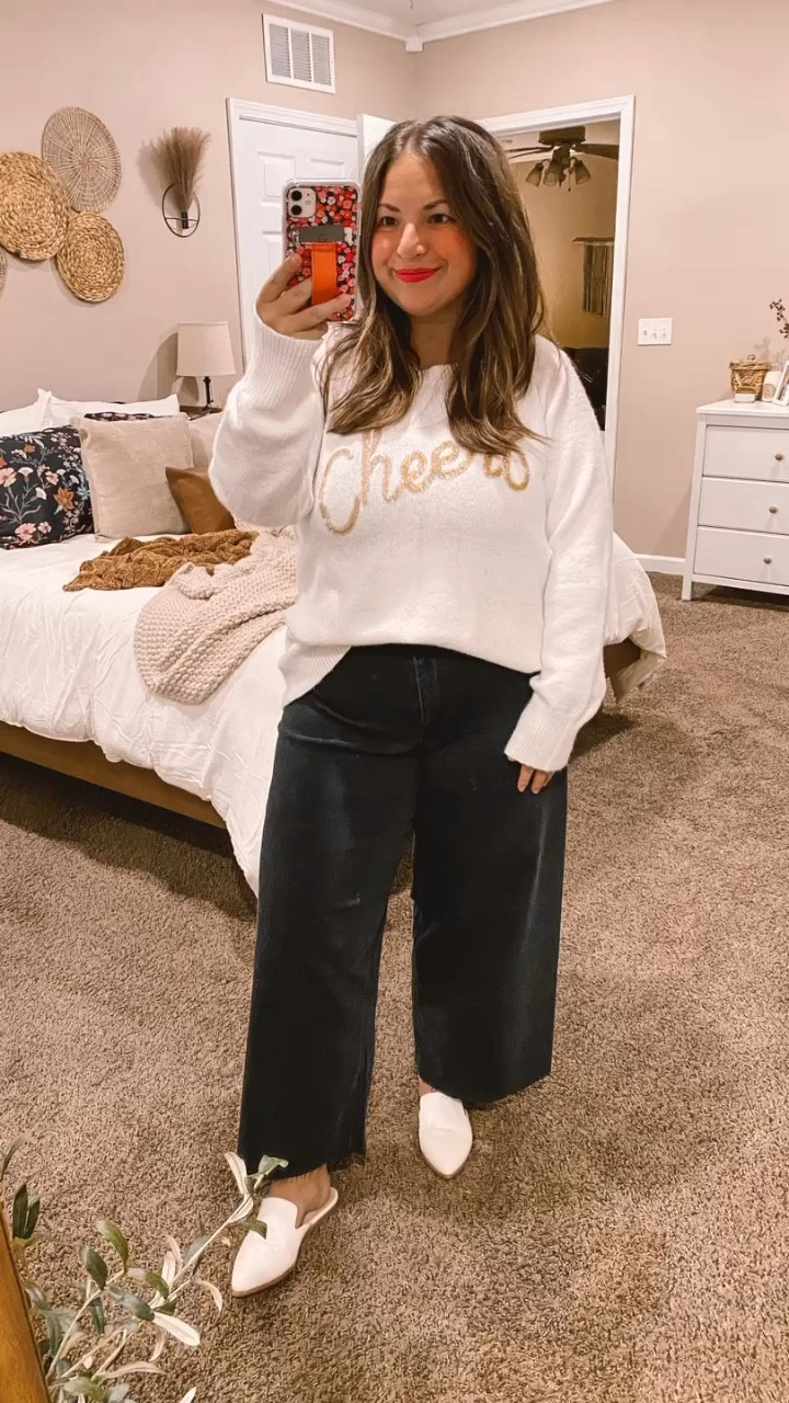Walmart for the win! Cheers to the New Year! 
mules: fit true to size // wearing a 5
jeans: fit oversized // wearing a 12 (literally so comfy, feels like jeggings)
sweater: fits small // wearing a 0X (fits like a large) 

 #LTKFindsUnder50 #LTKFindsUnder100