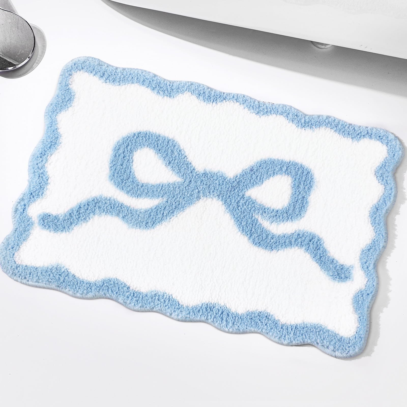 Blue Scalloped Bow Bathroom Mat 16" x 24" Non Slip Coquette Bow Rug Cute Aesthetic Scallop Carpet... | Amazon (US)