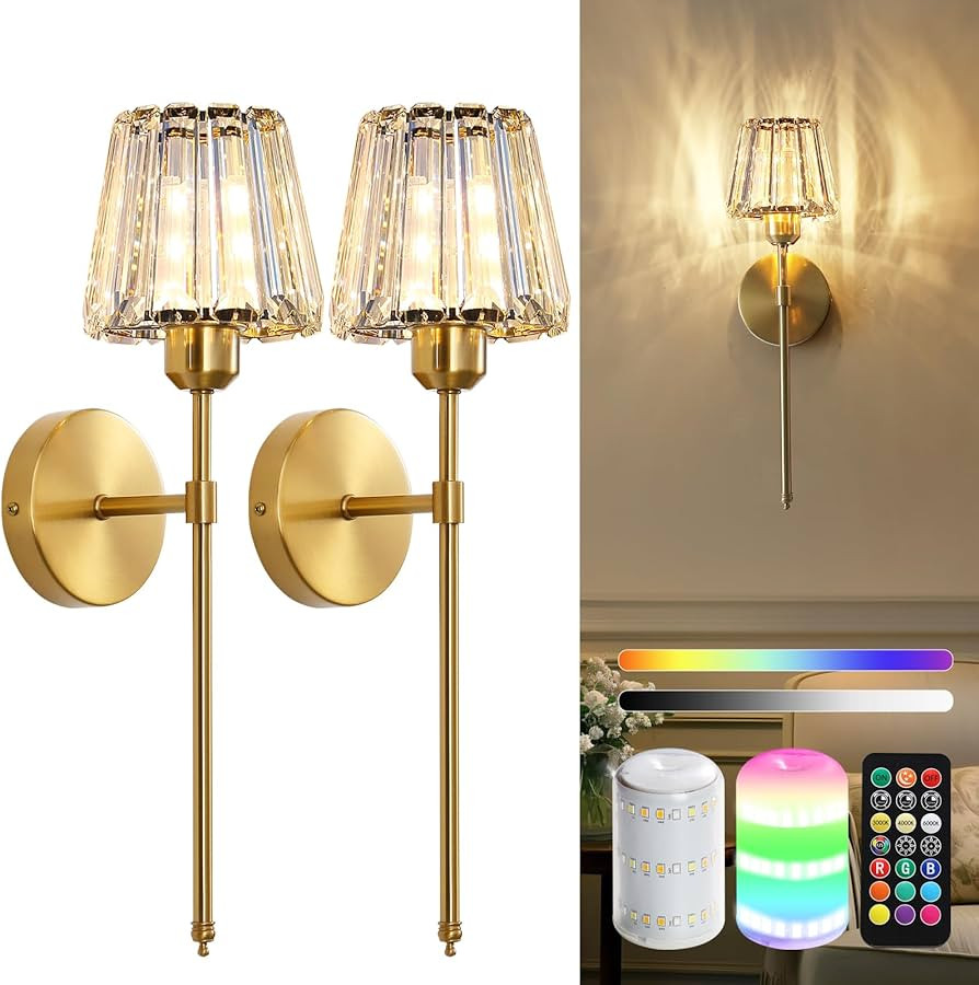 Battery Operated Crystal Wall Sconce Set of 2, Gold Rechargeable Wireless Wall Sconces with Remot... | Amazon (US)