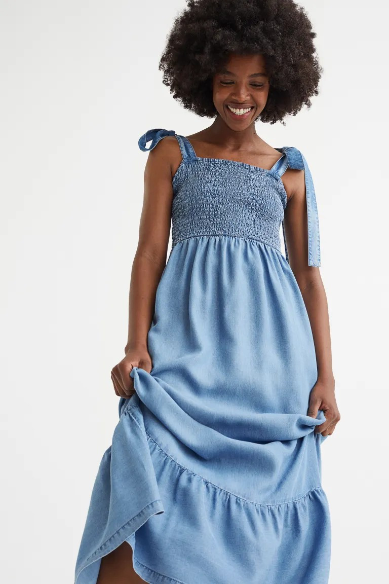 New ArrivalCalf-length dress in soft lyocell denim. Wide, tie-top shoulder straps, square necklin... | H&M (US + CA)