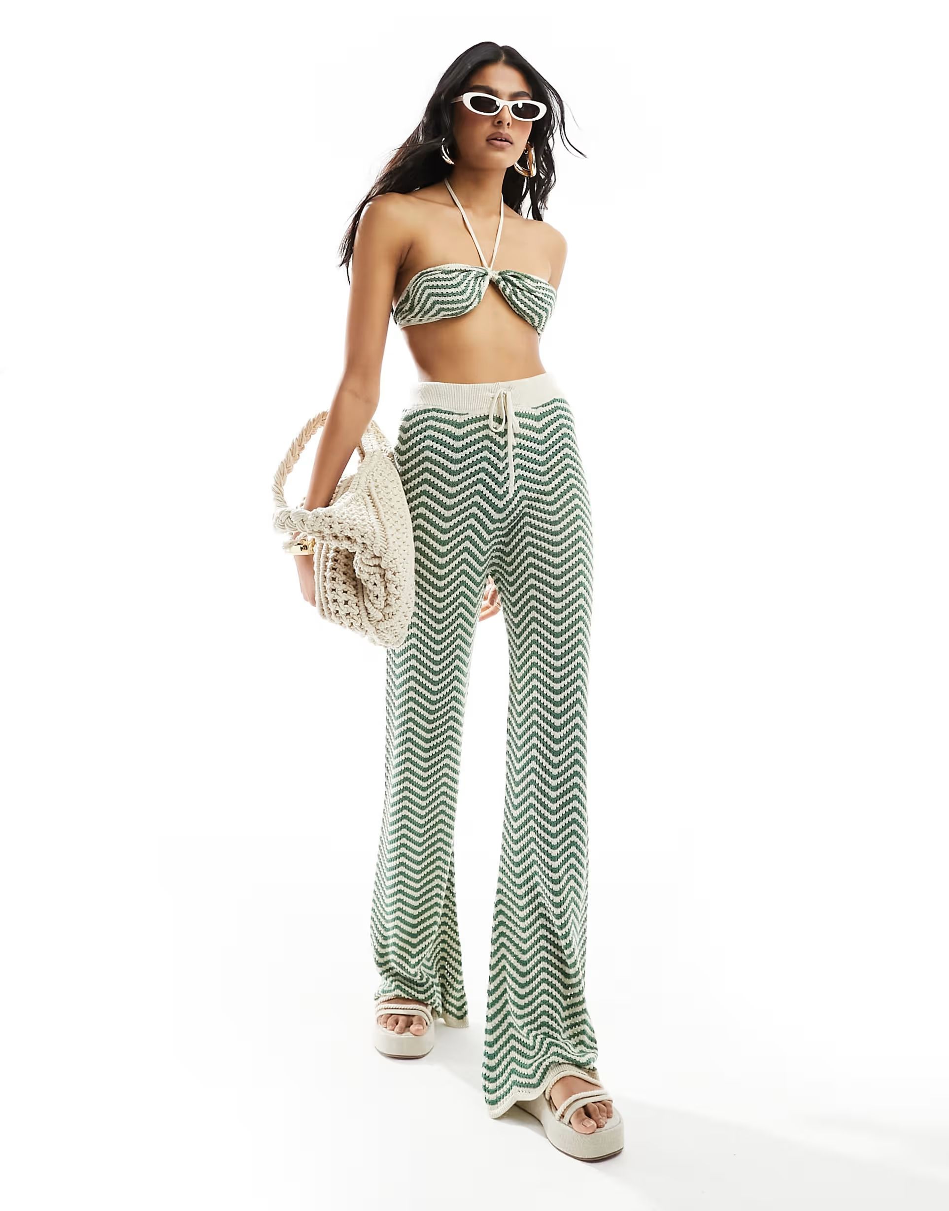 ASOS DESIGN knitted beach trouser co-ord in green stripe | ASOS (Global)