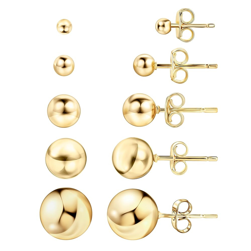 Barzel 18K Gold Plated Ball Stud Earrings Set, Sizes 3-10MM, 5 Pack, High Polish Finish Ball Suds | Amazon (US)