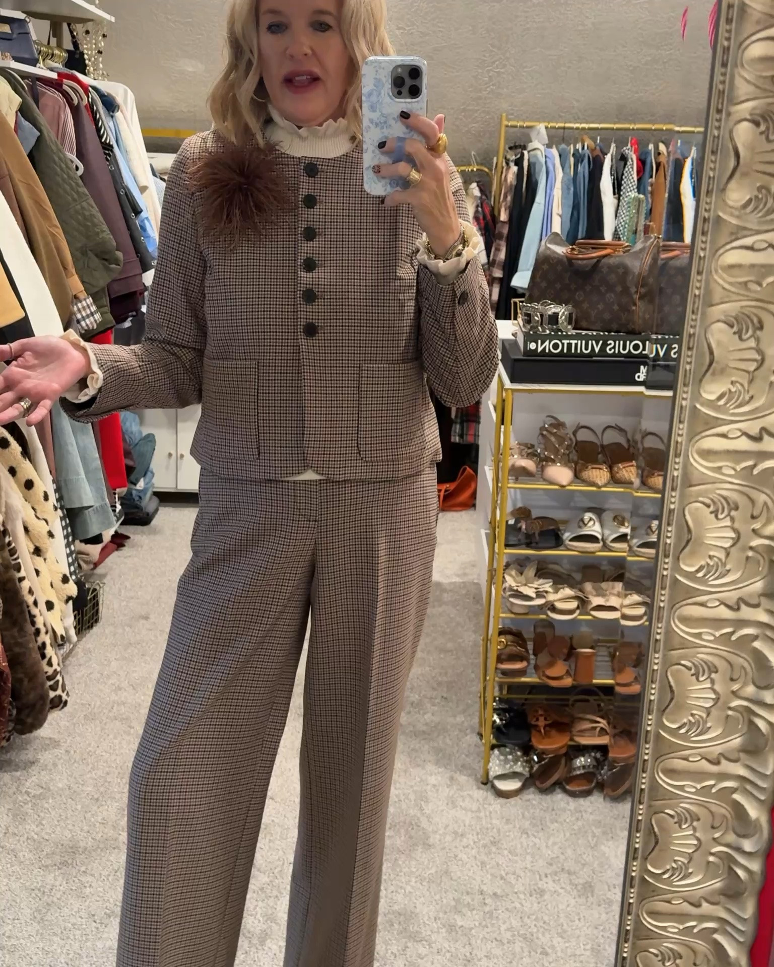 Sunday Church outfit of the day❤️🙏

The two piece sold separately suit piece can also per perfect for work/office work wear 

Wear together of style separately 
This black Carmel tan  and ivory plaid pattern is perfect for fall🍁🍂 or your classic lovers like me.

Darling crop button detail jacket 
Wearing a med 

Trousers with zip pockets and zipper button closer 
I am In a med tall
🚨 save 15% with my code and links deardarDeardarcyxspanx  

Affordable find ruffle neck and wrist detail light weight sweater turtleneck 
Tts in med

Jewelry Julie voz 

Kitten heel pointed toe Boots Frankie4 

Feather Pom Pom pin or clip