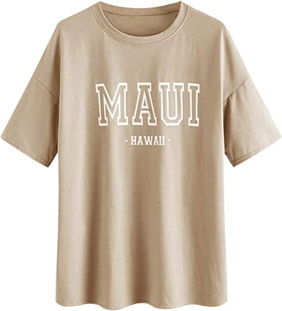 Meladyan Women’s Maui Hawaii Letter Print Oversized T Shirts Short Sleeve Round Neck Drop Shoul... | Amazon (US)