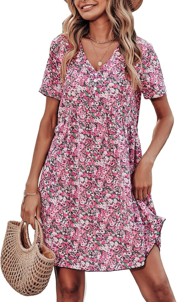 PRETTYGARDEN Summer Dress for Women Short Sleeve V Neck Ruffled Floral Swing A-Line Dresses | Amazon (US)
