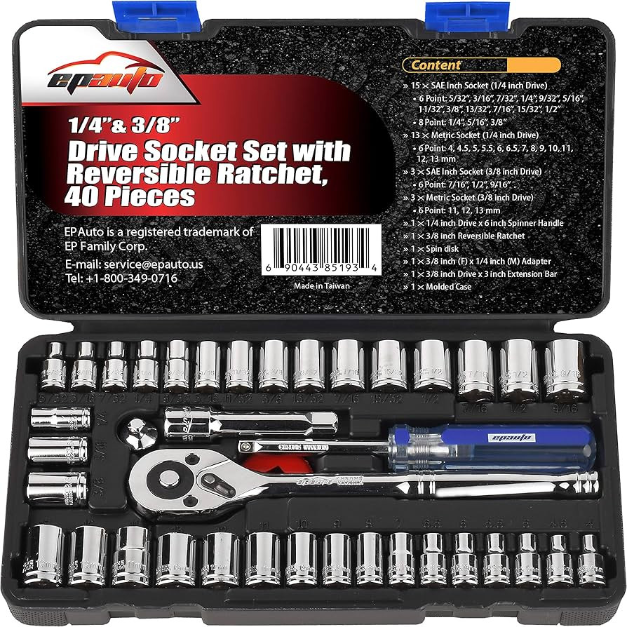 EPAuto 40 Pieces 1/4-Inch & 3/8-Inch Drive Socket Set with 72 Tooth Reversible Ratchet | Amazon (US)
