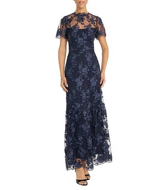 Embroidered Mesh Floral Print A-Line Gown | Dillard's
