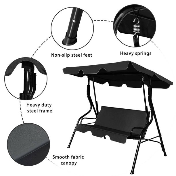 Costway Patio 3 Seats Canopy Swing Glider Hammock Cushioned Steel Frame Outdoor Black | Walmart (US)