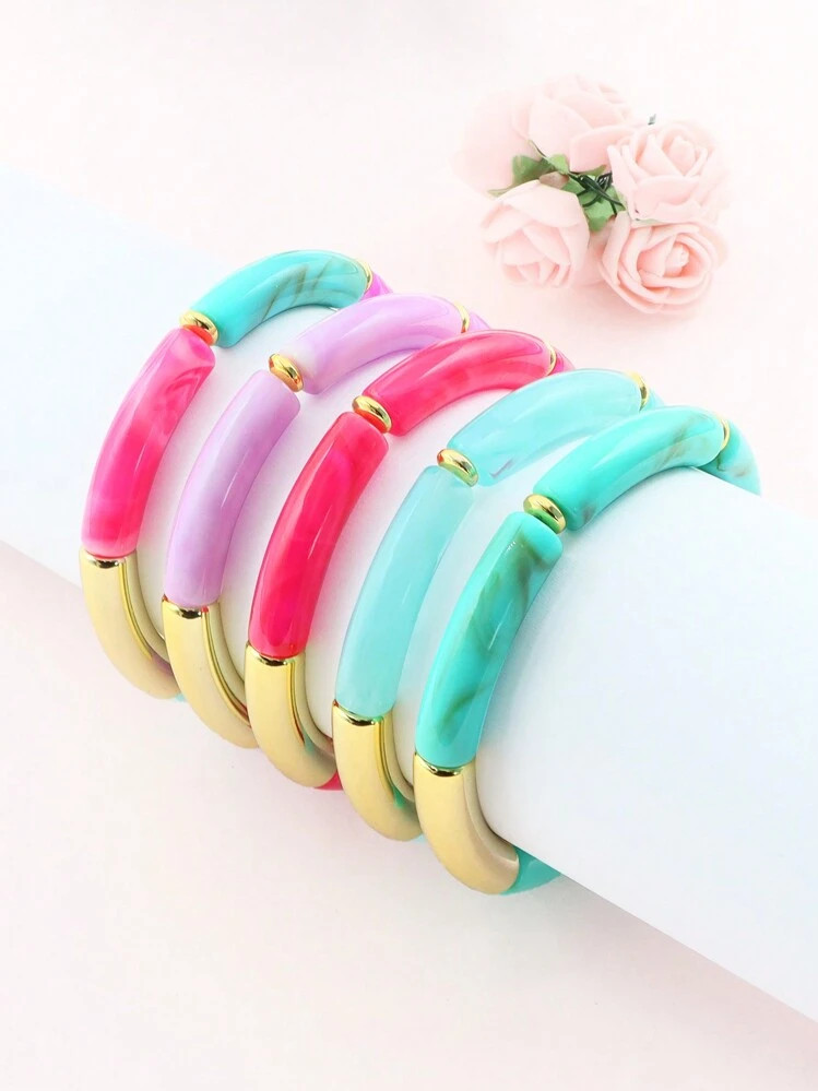 1pc Resin Tube Bamboo Beads Cuff Elastic Bracelet For Women Fashion Jewelry | SHEIN