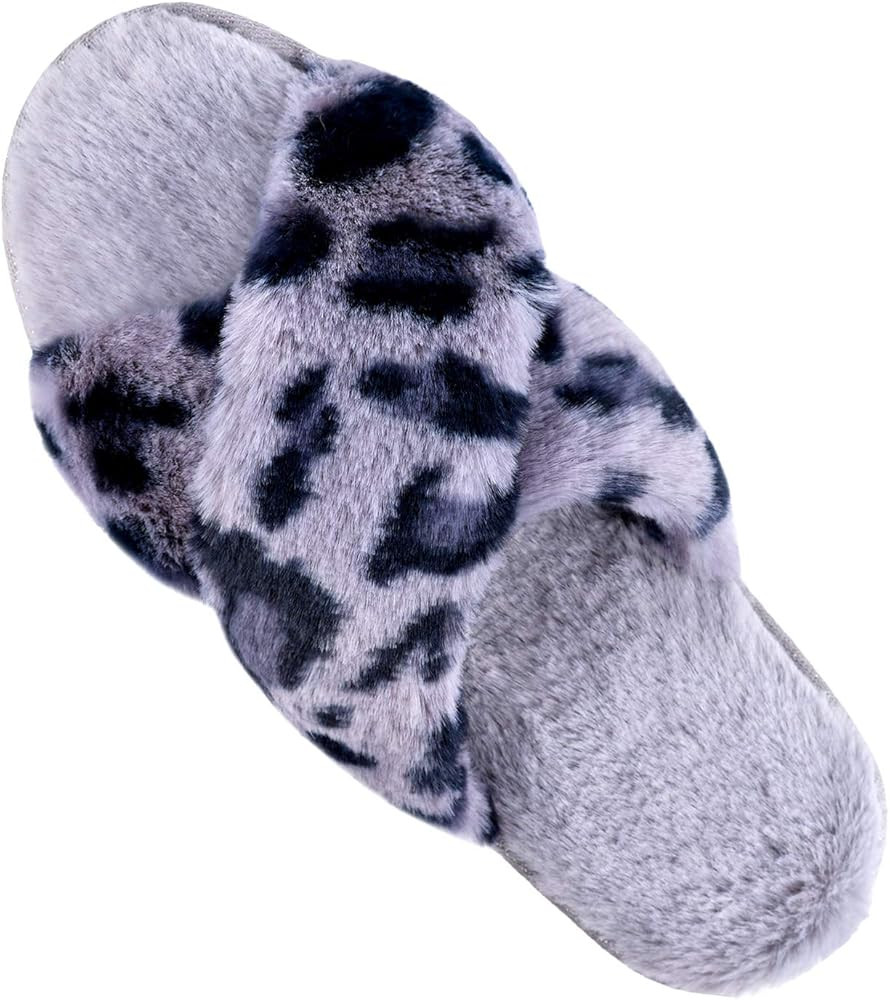 Women's Fuzzy Faux Fur Cross Band Slide Slippers in Leopard Print | Amazon (US)