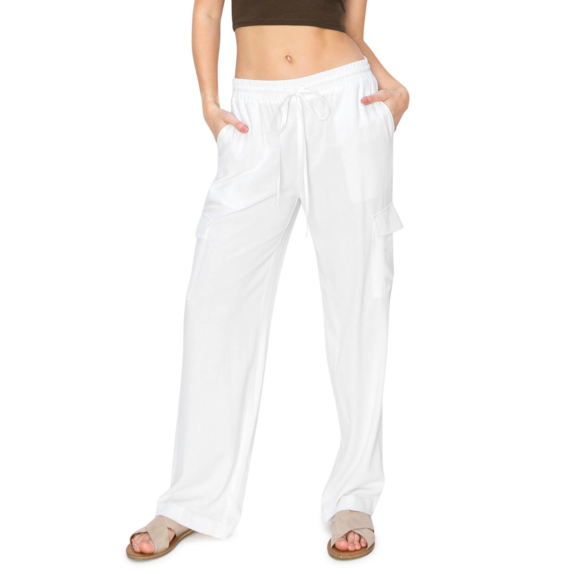 CALI1850 Women's Easy Pull On Extra Slouchy Self Tie Drawstring Relaxed Fit Straight Linen Cargo ... | Walmart (US)