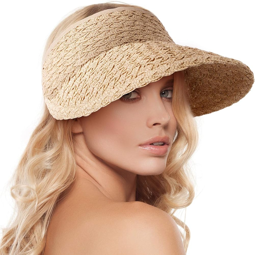 Women's Wide Brim Sun Hats Roll-up Foldable Straw Golf Visor Hat | Amazon (US)