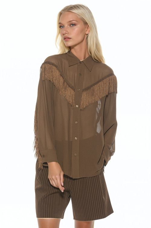 Alexia Admor Kairos Oversized Fringe Shirt in Brown at Nordstrom, Size Small | Nordstrom