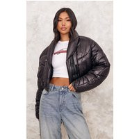 Black Cropped Oversized Collar Detail Puffer Jacket | PrettyLittleThing US