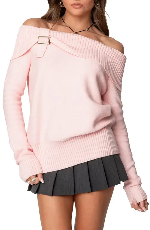 EDIKTED Marilyn Buckled Off the Shoulder Sweater in Pink at Nordstrom, Size Small | Nordstrom