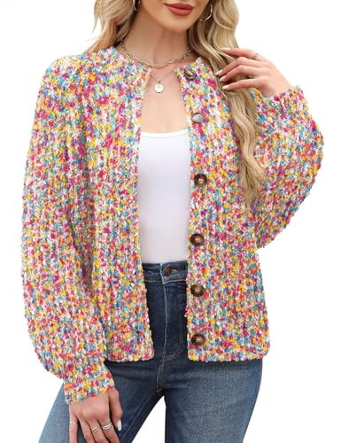 Women's Cable Knit Long Sleeve Cardigan Crew-Neck Open Front Button Down Sweater Coat (Colorful-1 M) | Amazon (US)