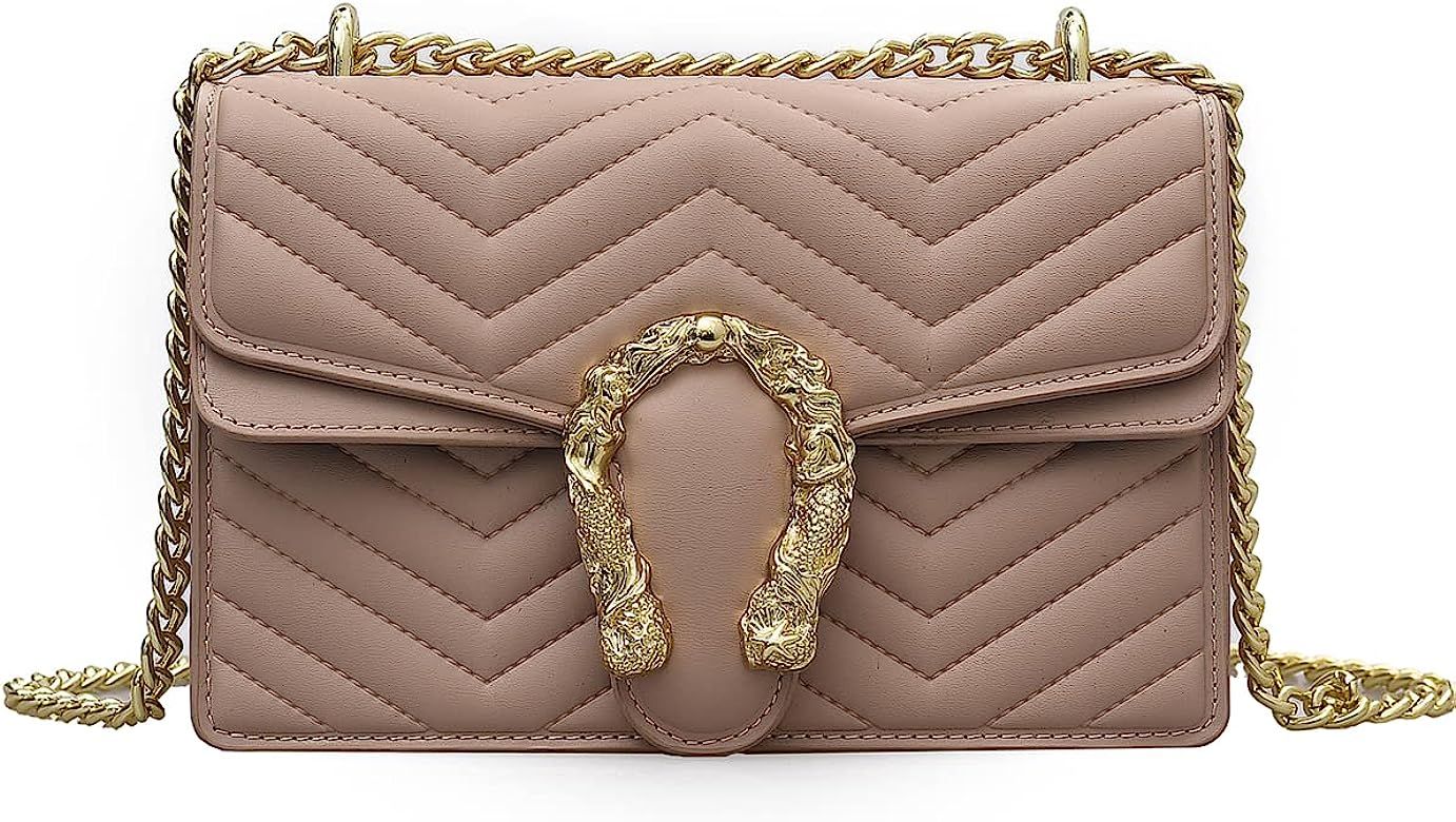 Fashion Metal Chain Small Shoulder Crossbody Bags for Women Handbag Purses Vegan Leather Clutches | Amazon (US)