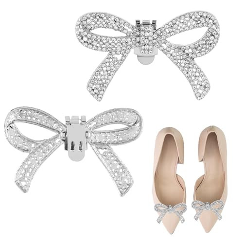 WLLHYF 1 Pair Rhinestone Shoe Clips Detachable Classic Fashion Sparkling Bow Heels Shoe Charms Decoration Accessories Bridal Wedding Party Crystal Shoe Buckles(Silver) | Amazon (US)