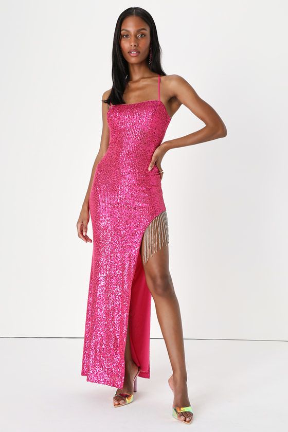 Here For the Show Hot Pink Sequin Lace-Up Fringe Maxi Dress | Lulus (US)