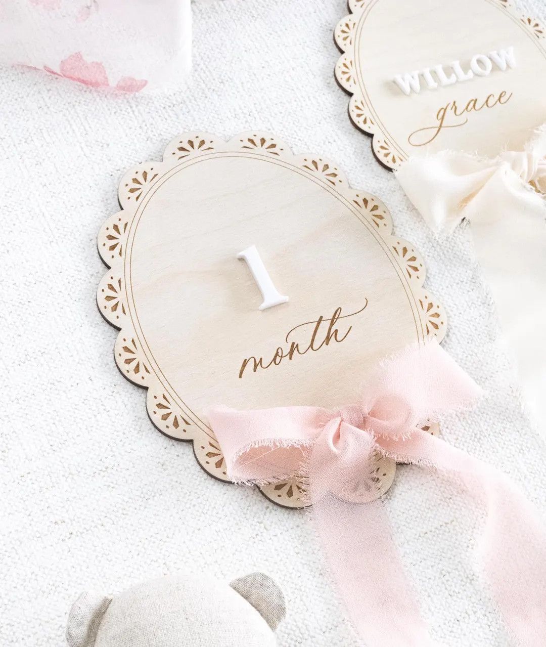Baby Girl Monthly Milestone Marker Cards: Scalloped Name Announcement Plaque With Ribbon Bow - Et... | Etsy (US)