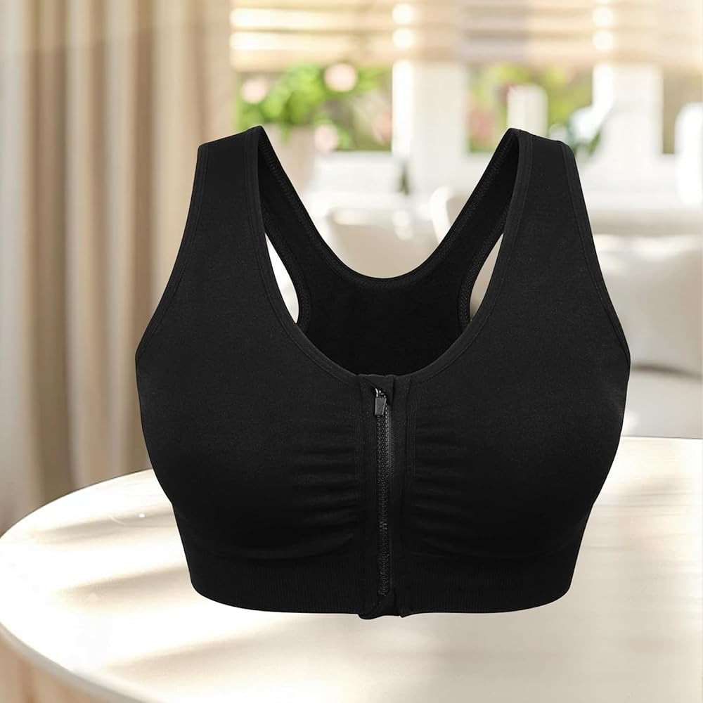 Women's Zip Front Sports Bra - Wireless Medium Support Yoga Bra with Removable Pads, Black, Large... | Amazon (UK)