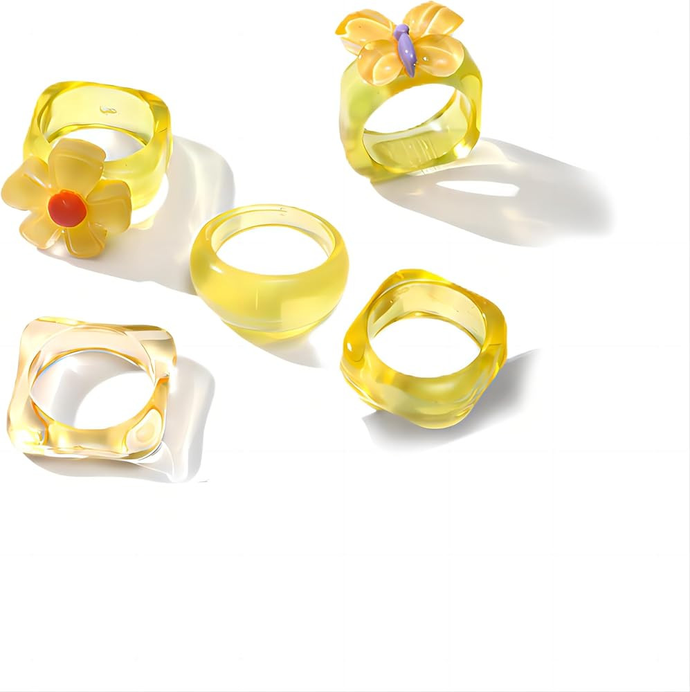 6 Pcs Colorful Resin Ring Set for Girls Cute Flower Butterfly Acrylic Plastic Ring Chunky Square ... | Amazon (US)
