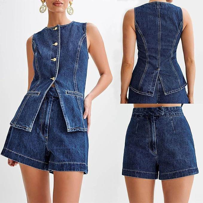 Denim Vest 2 Piece Sets High Waist Shorts Old Money Clothes Jean Jacket Y2K Business Slim Fit Cas... | Amazon (US)