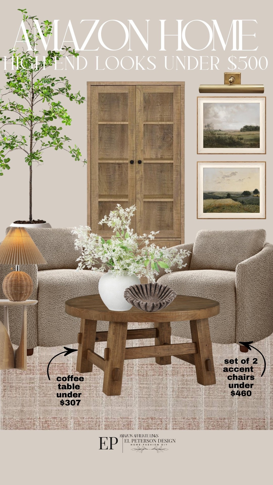 Amazon Home
Artwork
Picture light
Accent Chairs
Vase
Table lamp
Accent table
Faux tree
Tall accent cabinet
Coffee table 
Bowl

#LTKHome