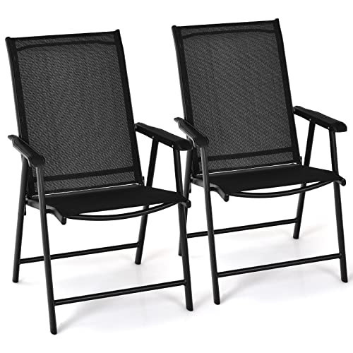 Tangkula Set of 2 Patio Folding Chairs, Outdoor Fabric Dining Chairs with High Back & Armrests, Sturdy Metal Frame for Patio Lawn Garden (Black) | Amazon (US)