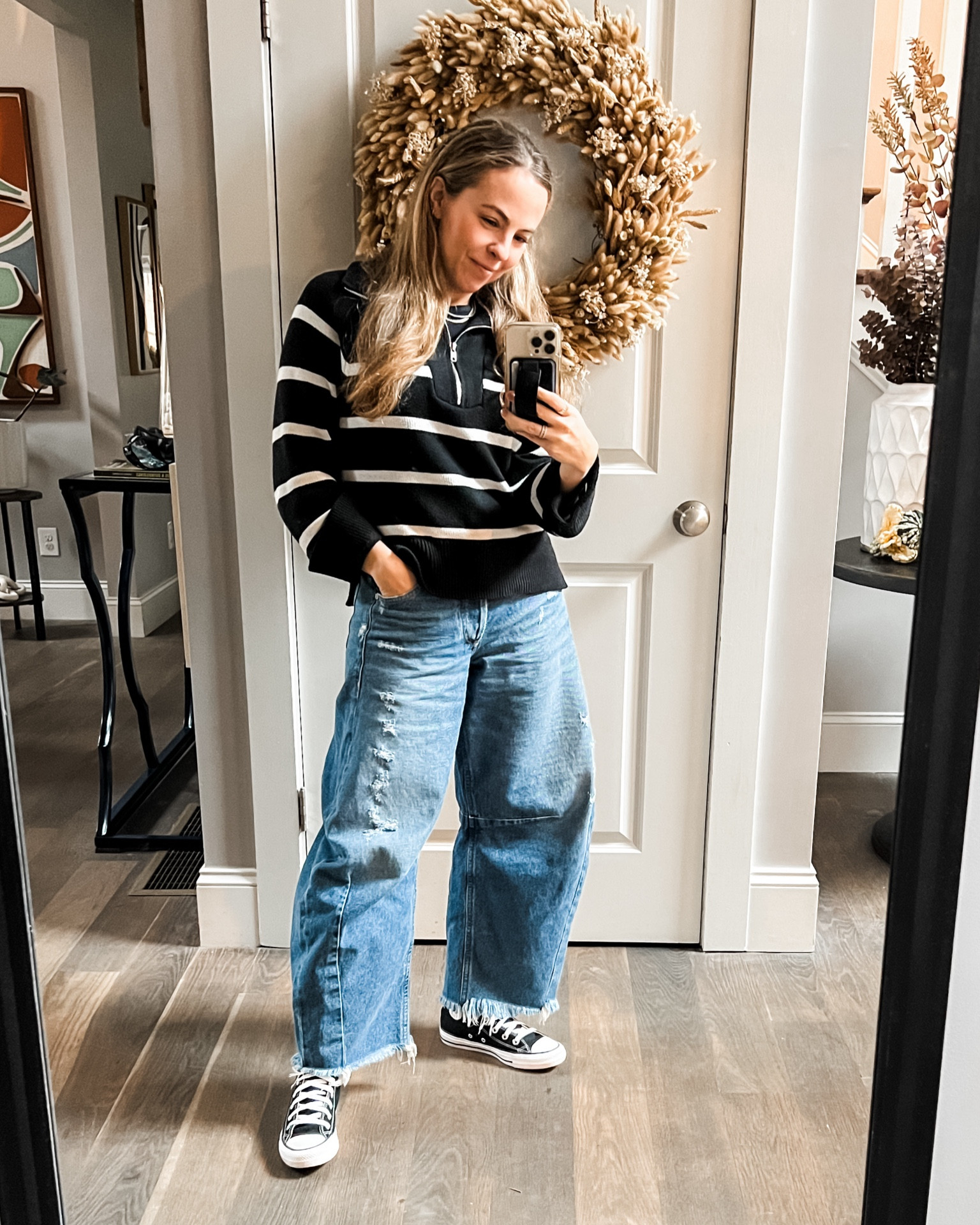 Casual Monday look for a rainy day. When it rains, I always try to wear a shorter inseam so I don’t end up with soggy pants!