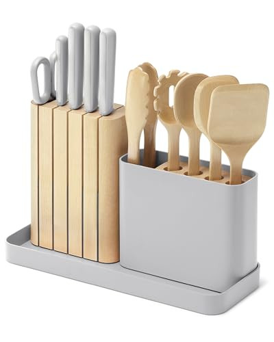 Caraway 14-Piece Kitchen Prep Set - Kitchen Knife Set & Wooden Utensil Set - Made With Premium German Steel Blades & FSC-Certified Birch Wood - Non-Toxic Materials - Includes Organizer - Grey | Amazon (US)