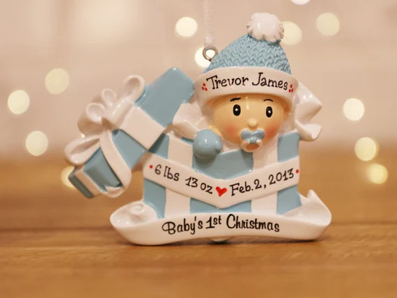 Baby Boy in Blue Present Ornament, Baby's First Christmas Ornament, Personalized Christmas Orname... | Etsy (US)