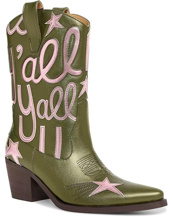 Metallic Cowboy Boots for Women Mid Calf Low Heel Pointed Toe Womens Cowgirl Boots Fashion Embroi... | Amazon (US)